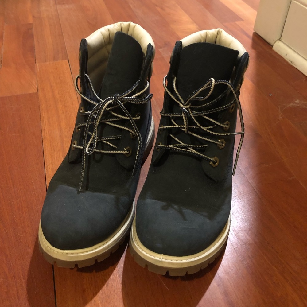 Navy and off-white Timberland boots